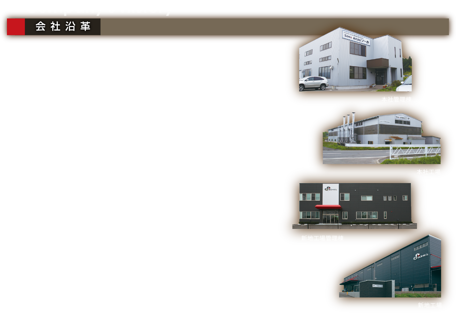Company’s History 会社沿革｜昭和35年10月／山形市大字松原字江向に（有）蔵王SSとして鋳物、機械加工場を設立　平成２年9月／山形市松原に（有）ソーカ工業としてシェル工場を設立　平成6年4月／（有）蔵王製作所から（株）蔵王ファンドリーに名称変更　平成7年4月／福島県伊達郡霊山町に（有）ソーカ工業シェル工場を新築移転　平成8年4月／山形市大字松原に特機工場を開設し環境機器を製造　平成8年9月／（有）ソーカ工業 福島工場を設立　平成10年4月／鋳物工場に電気炉を導入　平成10年11月／（有）ソーカ工業と（株）蔵王ファンドリーを合併し、新社名を（株）ソーカと組織変更　平成16年10月／天童市川原子に本社工場を移転　平成19年12月／ISO 9001:2015 国際品質規格認証取得　平成29年8月／中子工場設立　令和4年9月／福島県新地町に新地工場設立